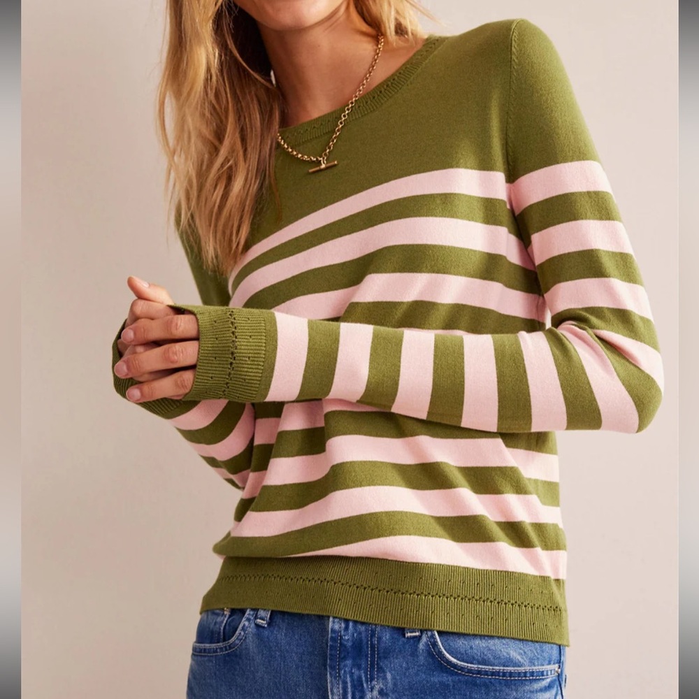 Boden Green and Pink Catriona Crew Neck Sweater with Stripes